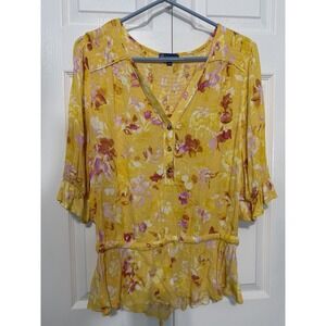 Democracy Women's Floral V-Neck Top 3/4 Length Sleeves Size Small